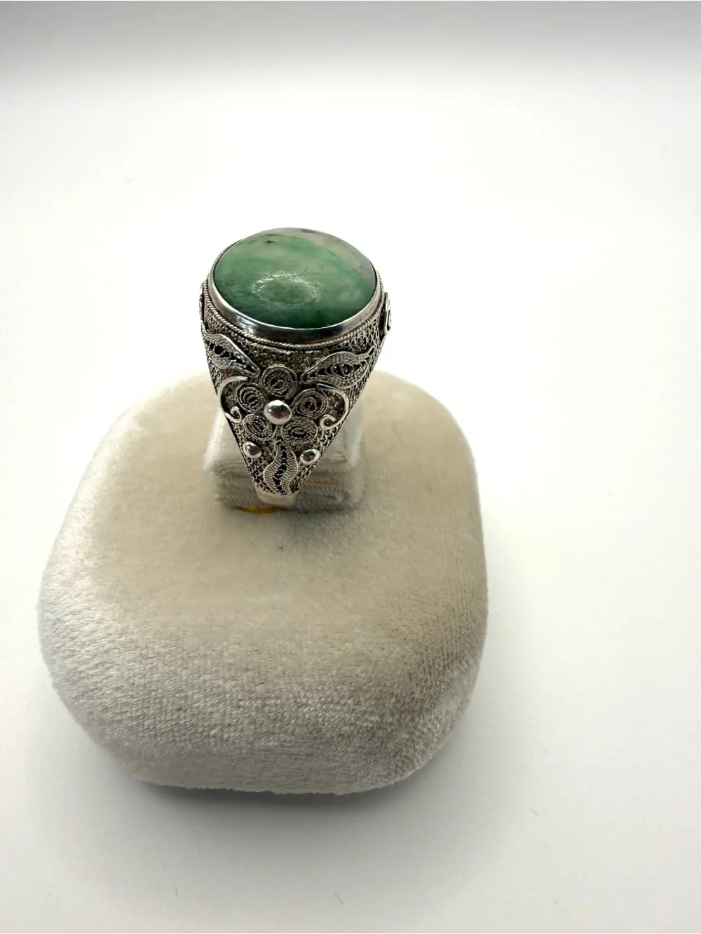 Antique Adjustable Chinese Silver Filigree Ring with Green Stone Cabochon